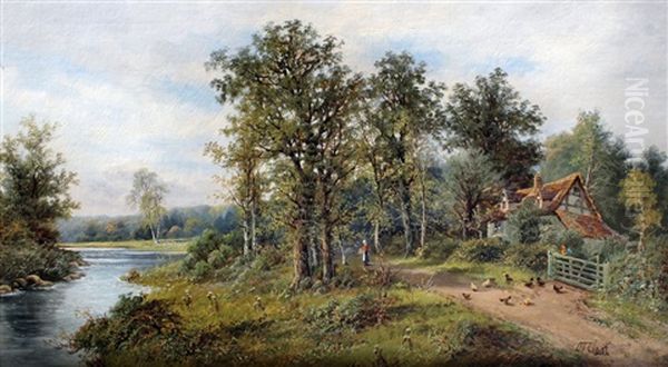 River Landscape With Cottage, Figures And Chickens To Bank Oil Painting by Octavius Thomas Clark