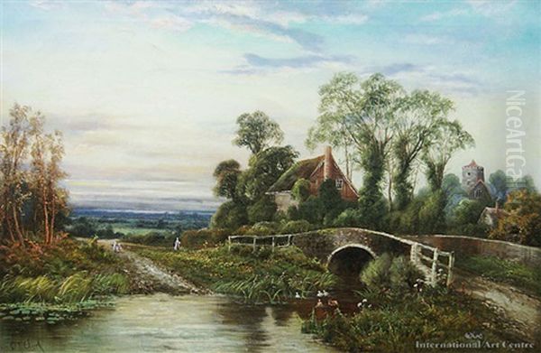 English Rural Scene Oil Painting by Octavius Thomas Clark