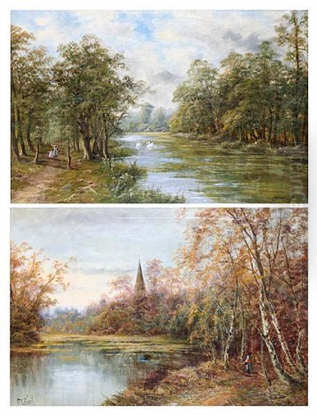 River Avon, Spring, (+ Salisbury Cathedral, River Avon, Autumn; Pair) Oil Painting by Octavius Thomas Clark