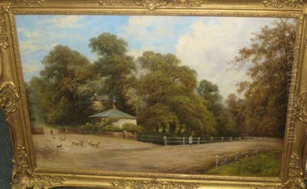 Shepherd With Flock On A Country Lane Oil Painting by Octavius Thomas Clark