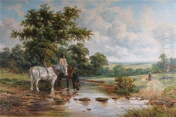 A Farmer Watering His Horses By A River Oil Painting by Octavius Thomas Clark