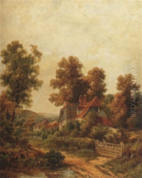 Houses Along A Country Lane Oil Painting by Octavius Thomas Clark