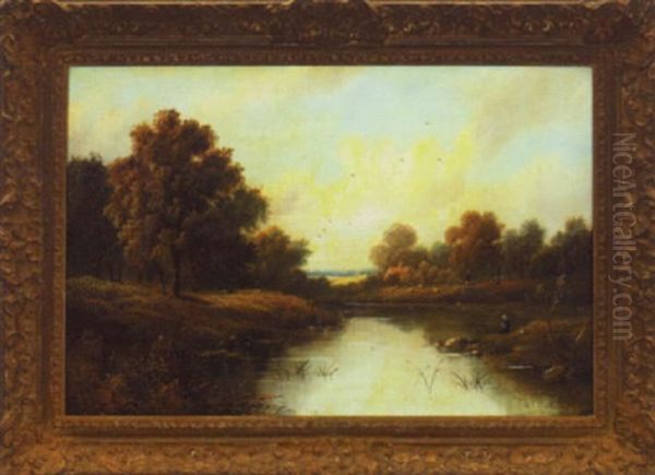 A Man Fishing At A Country Lake Oil Painting by Octavius Thomas Clark