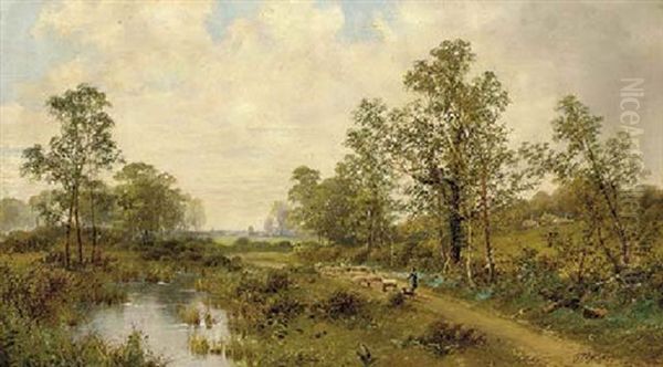 A Shepherd With His Flock By A Pond Oil Painting by Octavius Thomas Clark