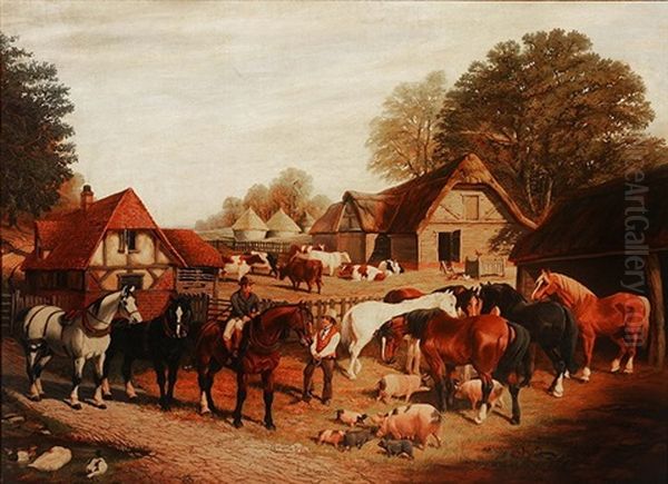 A Busy Farmyard Scene With Figures, Horses, Cattle, Pigs, Ducks And Buildings Oil Painting by Samuel Joseph Clark