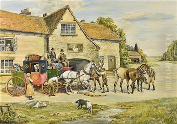 Changing Horses At The Swan Inn Oil Painting by Samuel Joseph Clark