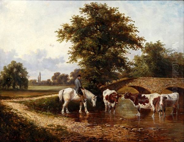 Cattle Watering With Farmer On A Horse At A Riverside Oil Painting by Samuel Joseph Clark