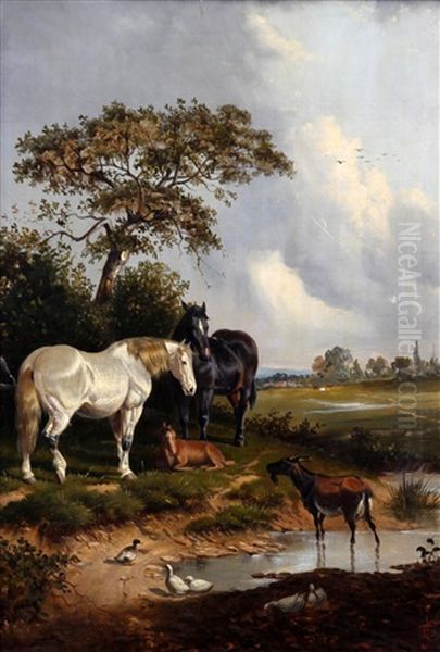 Horses And Foal, Goat And Ducks By A Pond Before A Landscape Oil Painting by Samuel Joseph Clark