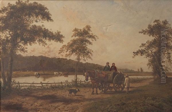 River Landscape With Figures Chatting From A Horse And Cart On A Country Road Oil Painting by Samuel Joseph Clark