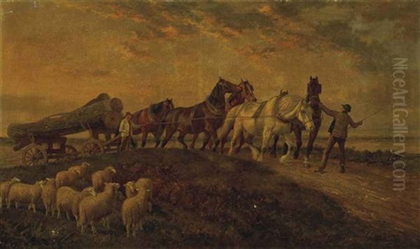 Horses Pulling Logs, Sheep Resting In The Foreground Oil Painting by Samuel Joseph Clark