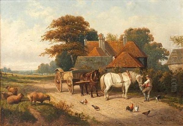 A Horse Drawn Wagon Before A Country Cottage Oil Painting by Samuel Joseph Clark