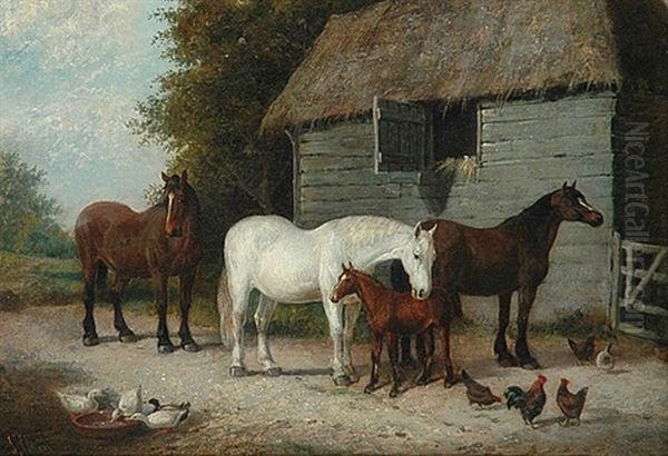 Farmyard With Horses And Ducks Oil Painting by Samuel Joseph Clark