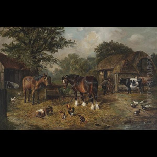 Farmyard With Horses, Cattle And Poultry Oil Painting by Samuel Joseph Clark