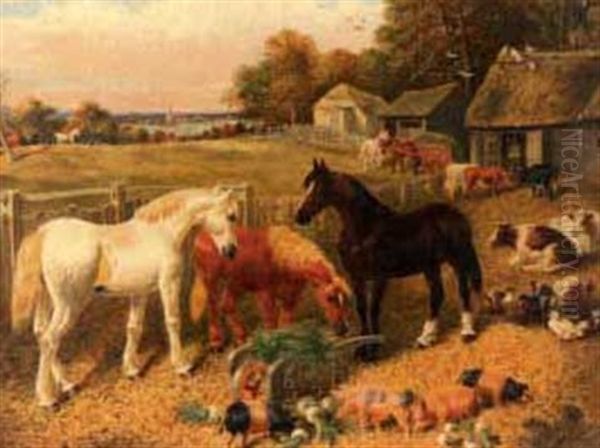 Farmyard With Horses And Livestock Oil Painting by Samuel Joseph Clark