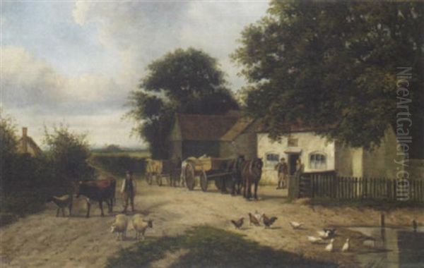 Livestock By The Village Pond Oil Painting by Samuel Joseph Clark