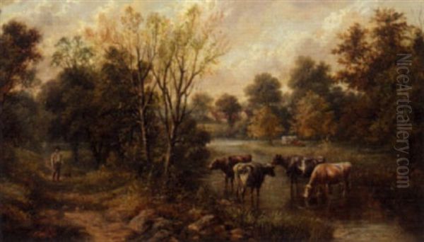 Landscape With Cattle Watering Oil Painting by Samuel Joseph Clark