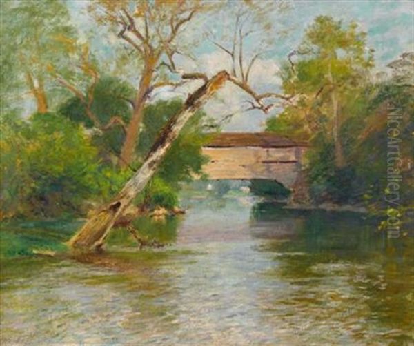 A New England Covered Bridge Oil Painting by Walter Clark