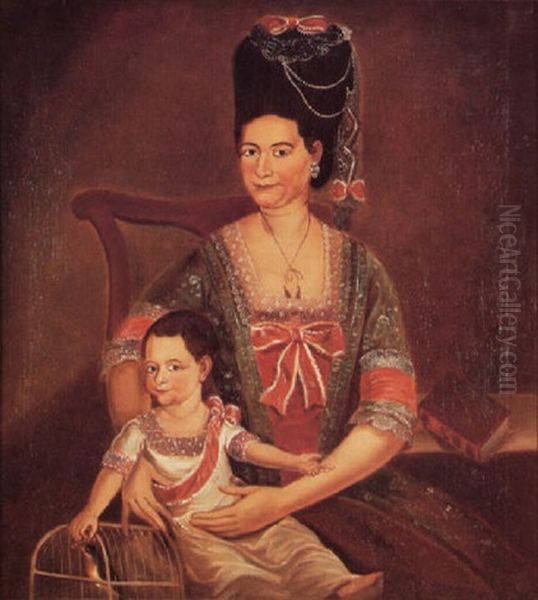 Portrait Of A Seated Woman With Fashionable Head-dress And Outfit Holding Young Child With Bird In Cage Oil Painting by William Clark