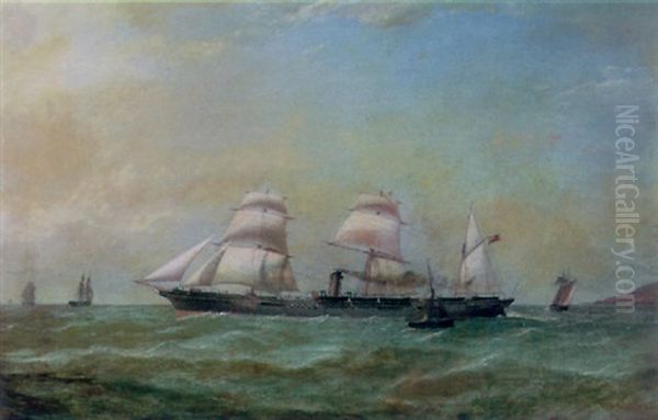 A Three Masted Steamer Off The Coast Oil Painting by William Clark