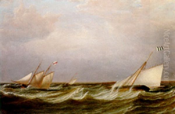 A Schooner And Two Cutters - Yachts Racing In A Stiff Breeze by William Clark