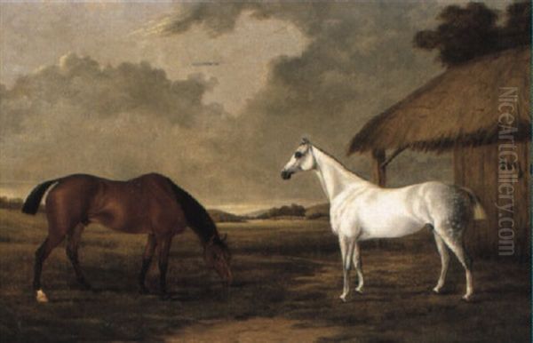 A Bay And A Grey Horse Grazing Beside A Stable Oil Painting by Frederick Clarke