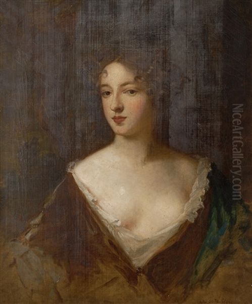 Portrait Of The Duchess Of Portland, Half Length, Wearing A Brown Dress And A Blue Shawl Oil Painting by George Frederick Clarke