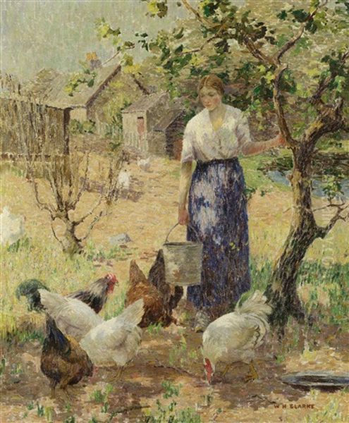 Feeding The Hens Oil Painting by William Hannah Clarke