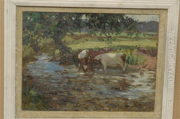 Cattle In A Stream, A Meadow Beyond Oil Painting by William Hannah Clarke