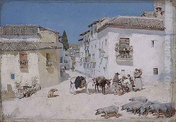 Calle De Pueblo Con Burros Oil Painting by Angel Andrade Blasquez