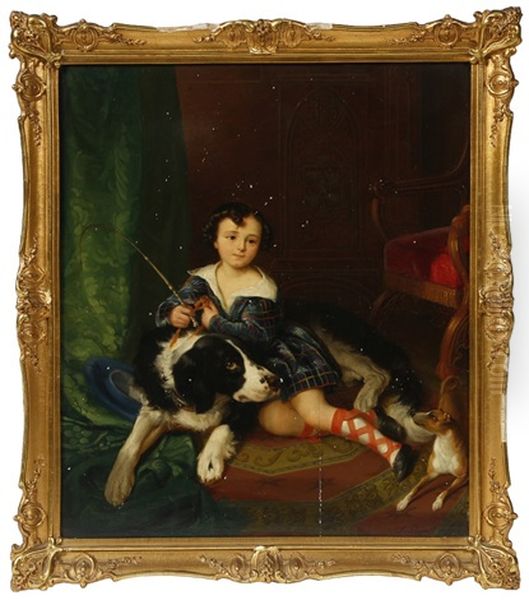 Young Boy Wearing Blue Tartan In An Interior With Two Dogs Oil Painting by Alexander Clarot