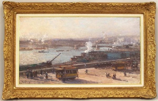 View Of Busy Harbor Oil Painting by Jean Eugene Clary