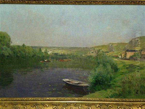 Barque Et Peniche Sur La Seine Pres Des Andelys Oil Painting by Jean Eugene Clary