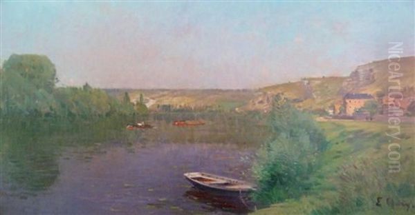 Barque Et Peniches Sur La Seine Pres Des Andelys Oil Painting by Jean Eugene Clary