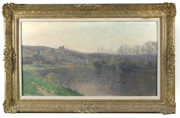 River Landscape With Castle And Church Oil Painting by Jean Eugene Clary