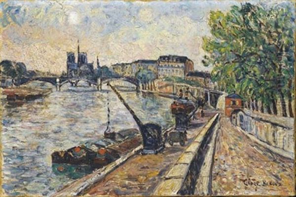 Peniches Au Quai Henry Iv, Vue Du Pont D'austerlitz, Notre Dame En Arriere Plan, Paris Oil Painting by Adolphe Clary-Baroux