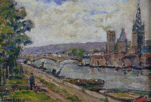 Vue De Rouen Pont Corneille Et L'ile Lacroix Prise Du Quai D'elbeuf Oil Painting by Adolphe Clary-Baroux