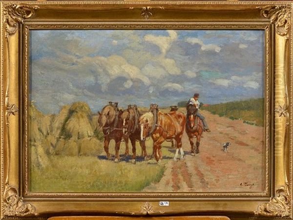 Paysan Et Ses Chevaux De Trait Sur Un Chemin De Campagne Oil Painting by Alexandre Clarys