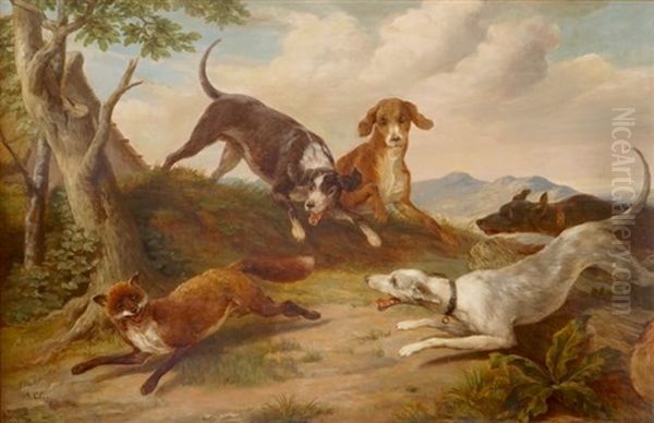 Dogs Hunting A Fox Oil Painting by Alexandre Clarys