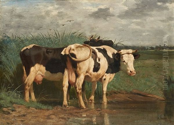 Deux Vaches Sur Fond De Moulin Oil Painting by Alexandre Clarys