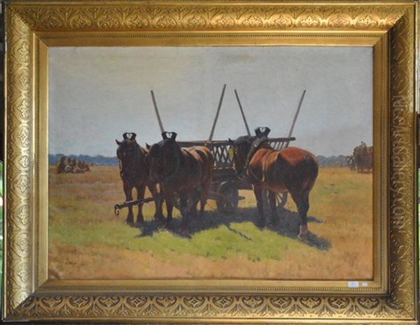 Chevaux Au Repos Pendant La Moisson Oil Painting by Alexandre Clarys