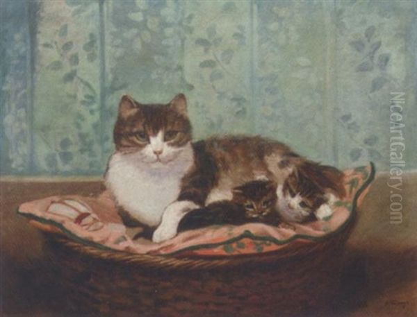 A Cat And Her Kittens At Ease In A Basket Oil Painting by Alexandre Clarys