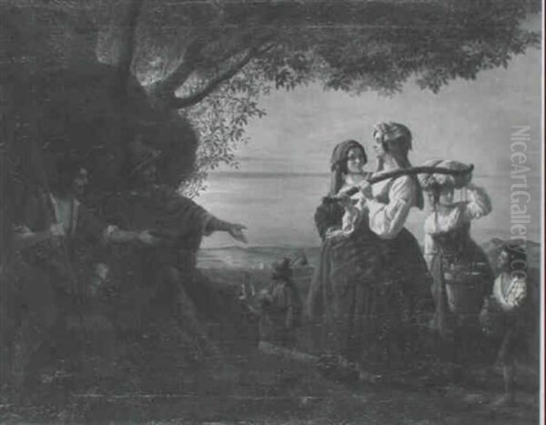 Junge Frauen Im Gesprach Mit Zwei Bettlern Vor Sudlicher    Landschaft by Lorenz Clasen