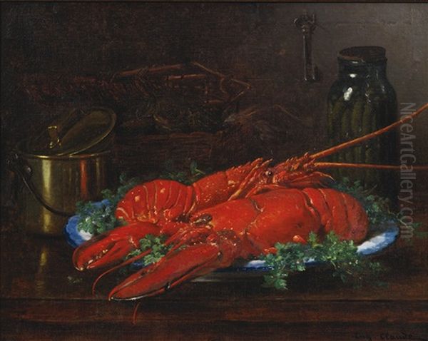 Still Life Of A Lobster With A Copper Pot On A Ledge Oil Painting by Eugene Claude