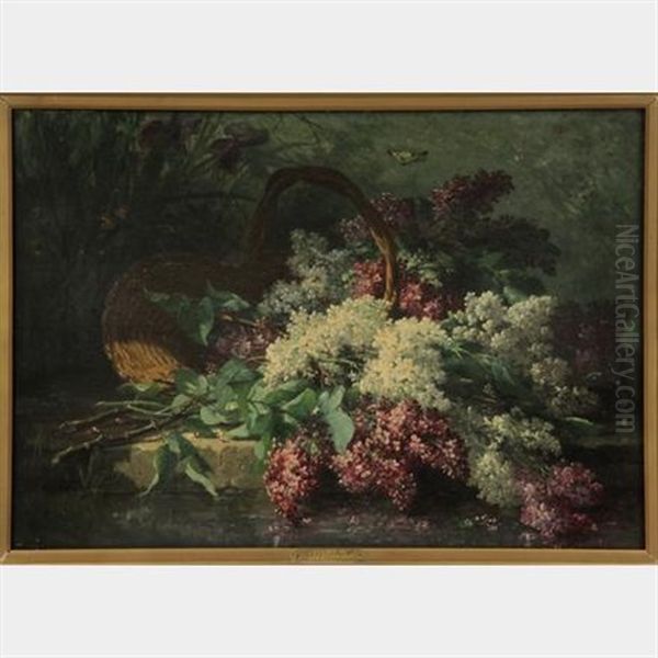 Still Life Of Basket With Lilacs On Stone Wall Oil Painting by Eugene Claude