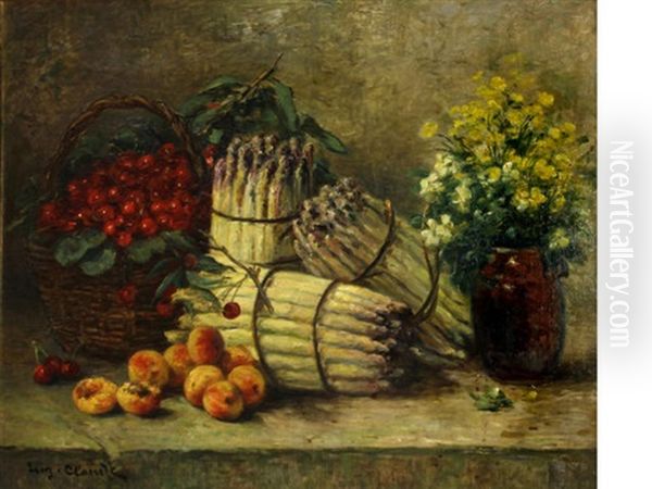 A Still Life With Asparagus, Cherries, Peaches And Flowers Oil Painting by Eugene Claude