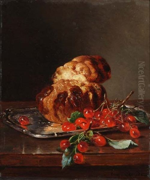 Stilleben Mit Brioche Und Kirschen Auf Einem Silbertablett Oil Painting by Eugene Claude