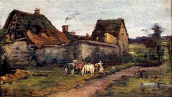 Farmyard Idyll, With Timber Cart And Draught Horses Oil Painting by Eugene Claude