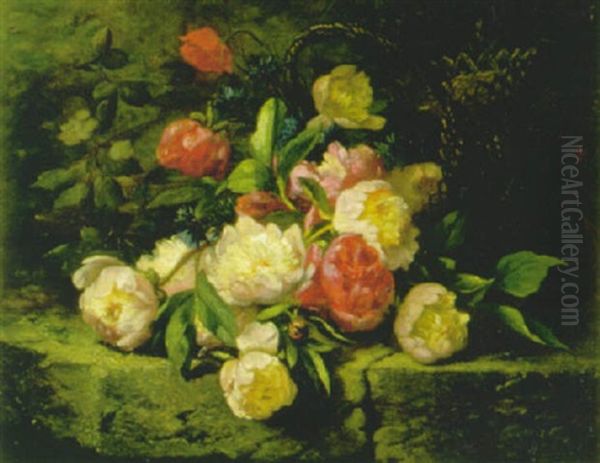 Blumenkorb Mit Pfingstrosen Auf Steinmauer Oil Painting by Eugene Claude