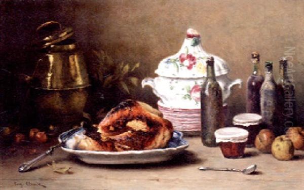 A Cooked Turkey, Bottles Of Wine, Jam Jars, Apples, And A Soup Tureen On A Kitchen Table Oil Painting by Eugene Claude