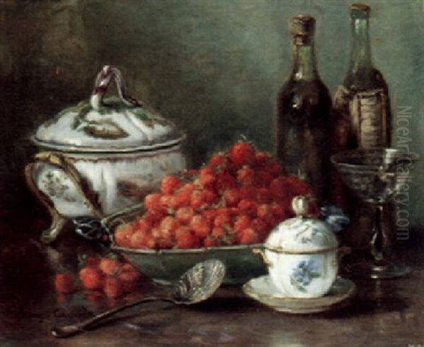 A Still Life With Strawberries And Wine Oil Painting by Eugene Claude